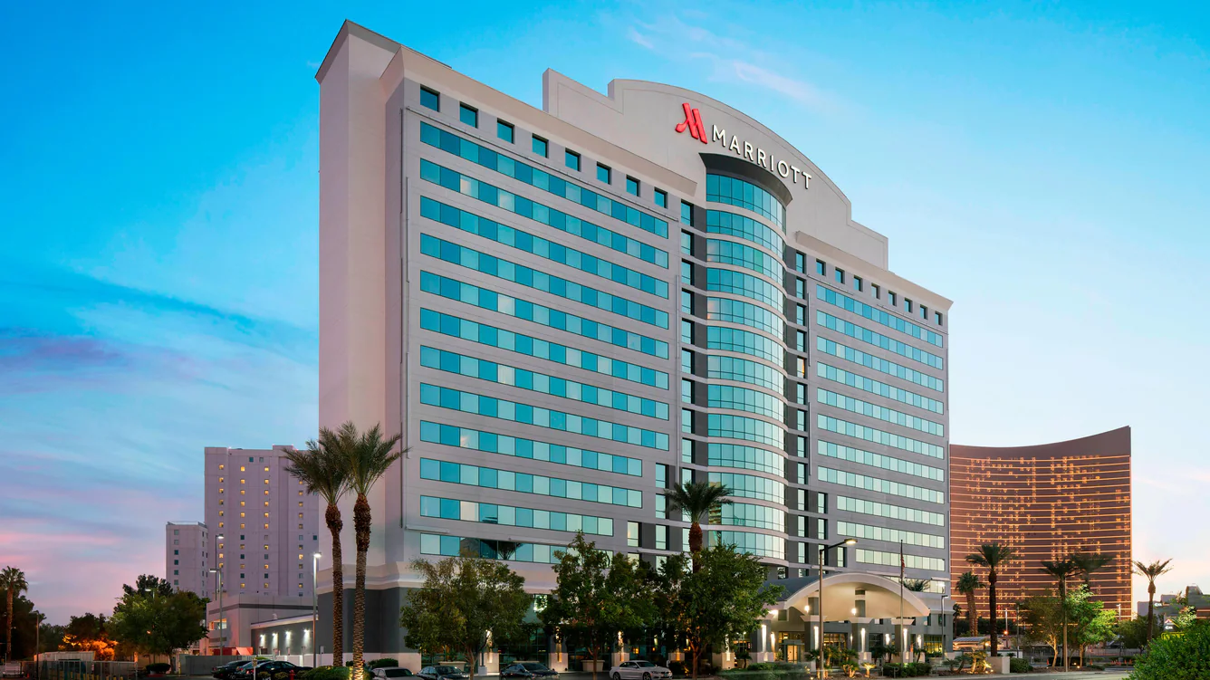 The Las Vegas Marriott at dusk, next to the Las Vegas Convention Center